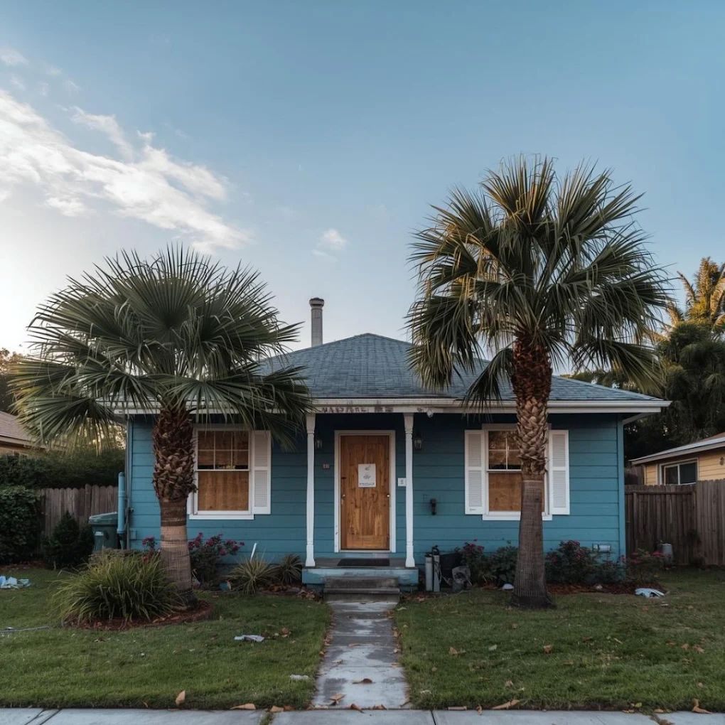 A small Gulf Coast bungalow with boarded windows, the kind of property The Melman Group buys as is
